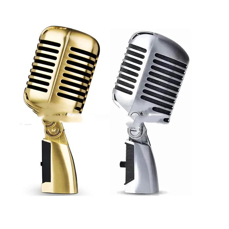 Gold all-metal dynamic handheld microphone on a stand.
