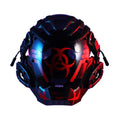 Black full face cybernetic prop helmet with bioweapon tech theme on a neutral background.