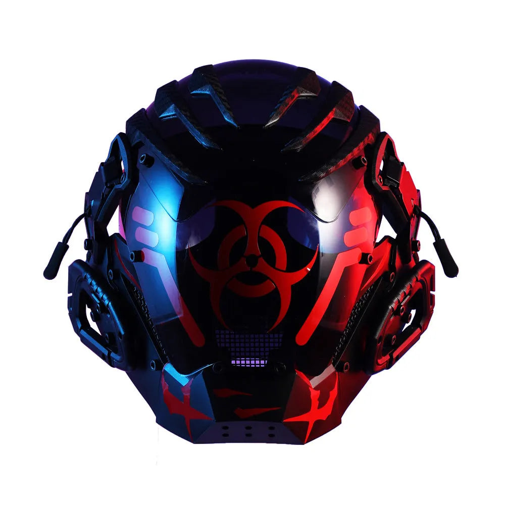 Black full face cybernetic prop helmet with bioweapon tech theme on a neutral background.