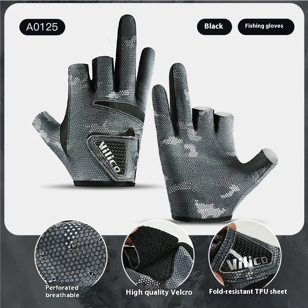 Exposed three-finger fishing gloves in black or gray, polyester non-slip summer sun protection, sizes M and L