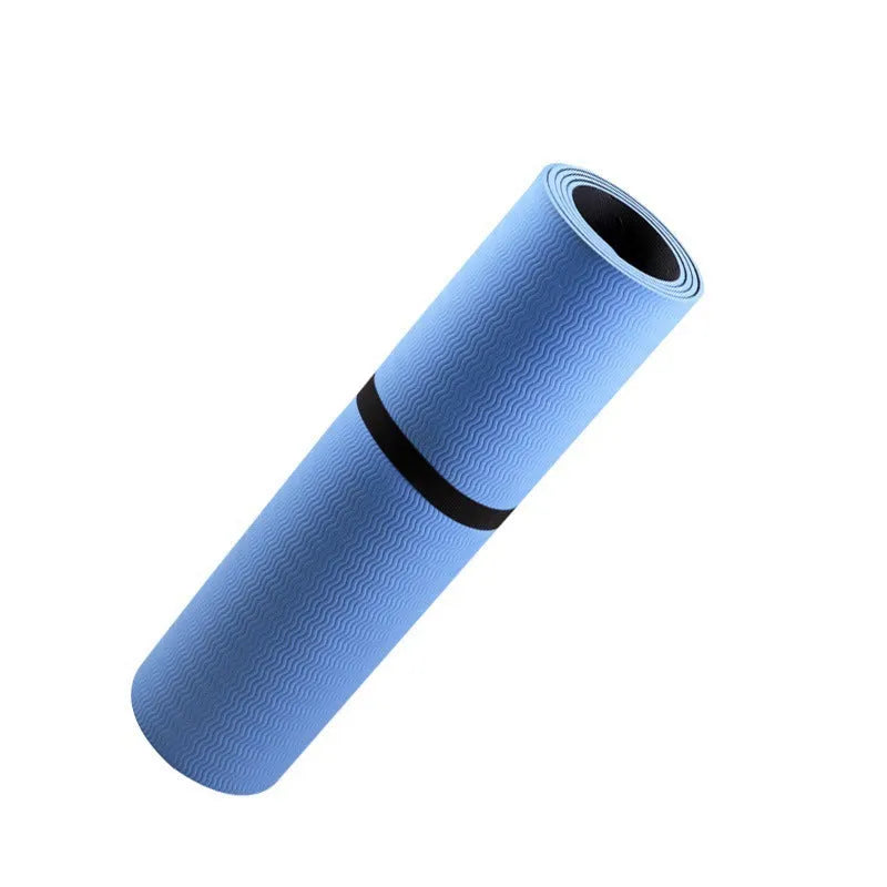 Blue conductive yoga mat with floral pattern and grounding wire, measuring 182x61cm with 5mm thickness