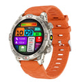 Sports smartwatch with AMOLED display in black orange camo colours showing fitness tracking features