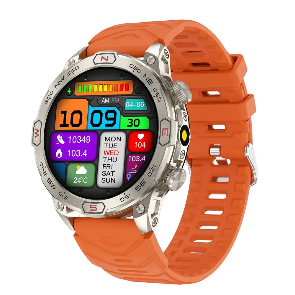 Sports smartwatch with AMOLED display in black orange camo colours showing fitness tracking features