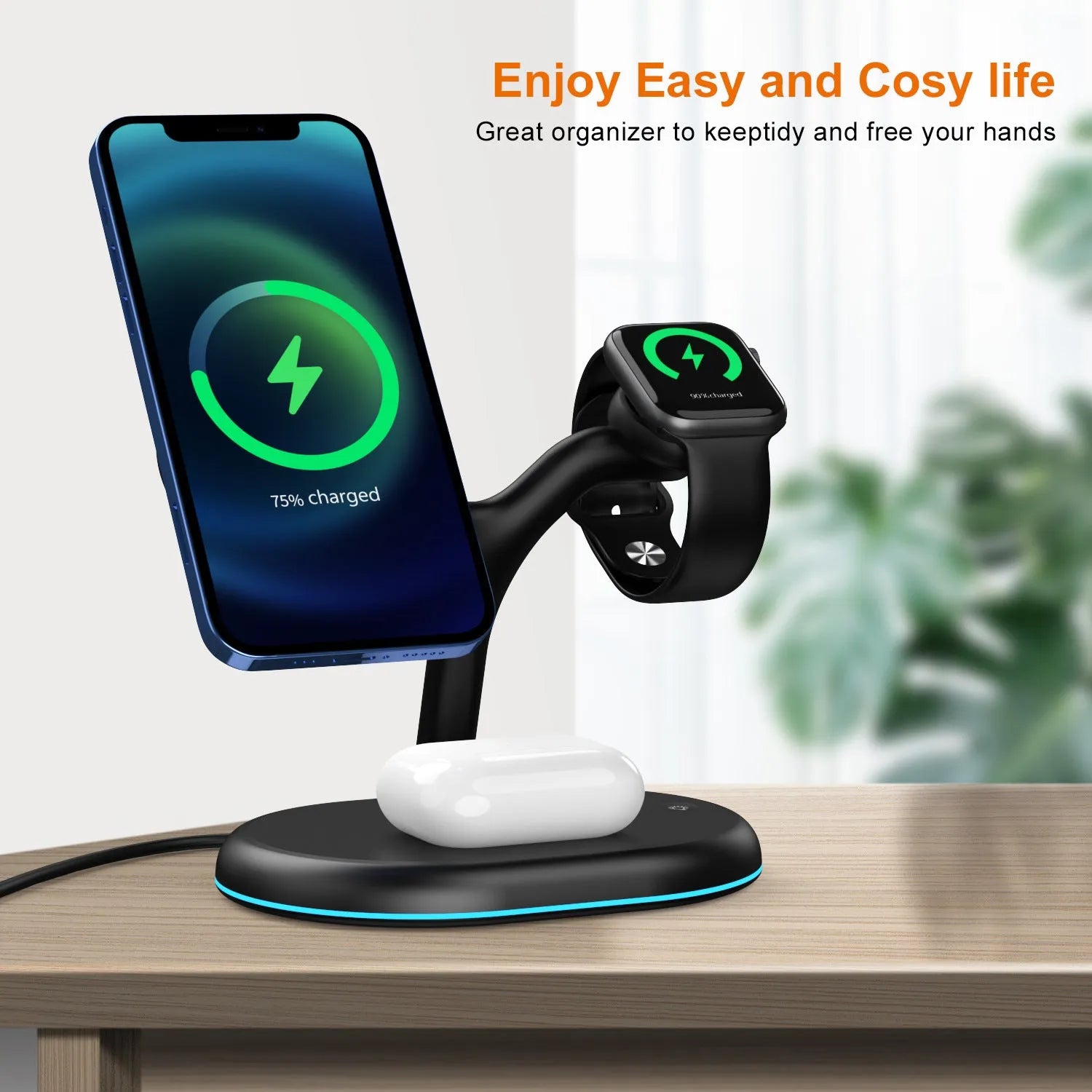Black three-in-one magnetic wireless charging station for iPhone, AirPods, and Apple Watch on a desk
