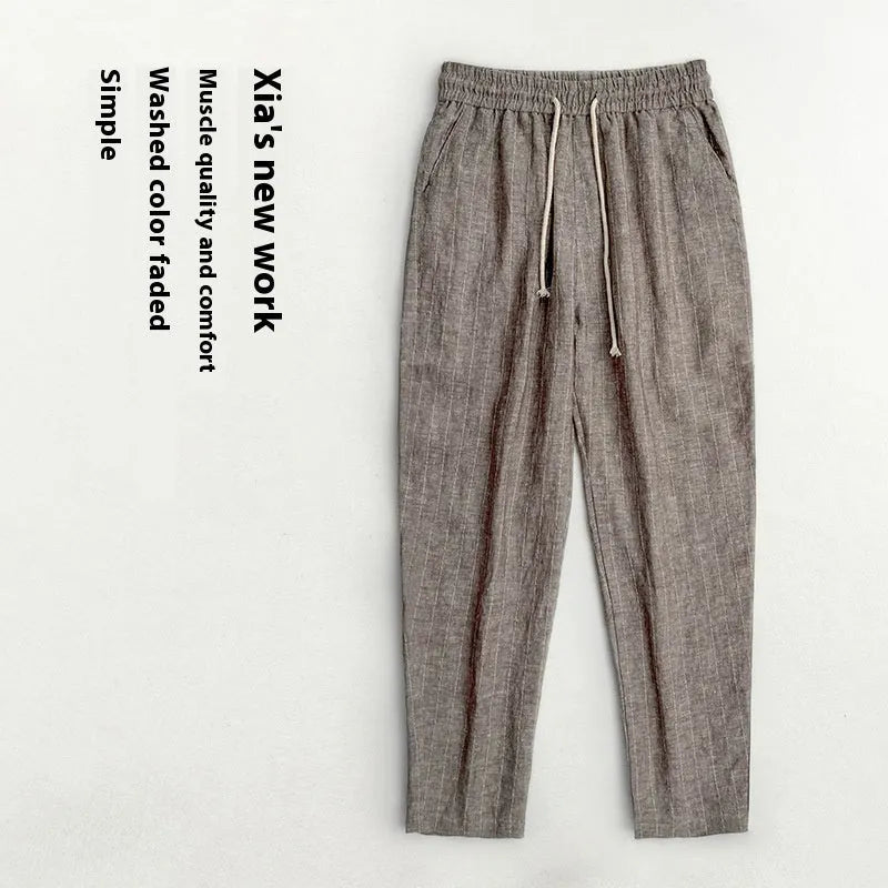 Cotton and linen men's summer thin casual striped cropped pants, khaki stripe colour, side view