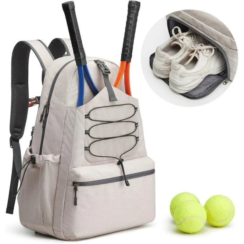 Neutral polyester tennis backpack large peak ball bag holds 4 rackets with shoes compartment in black gray and beige colors
