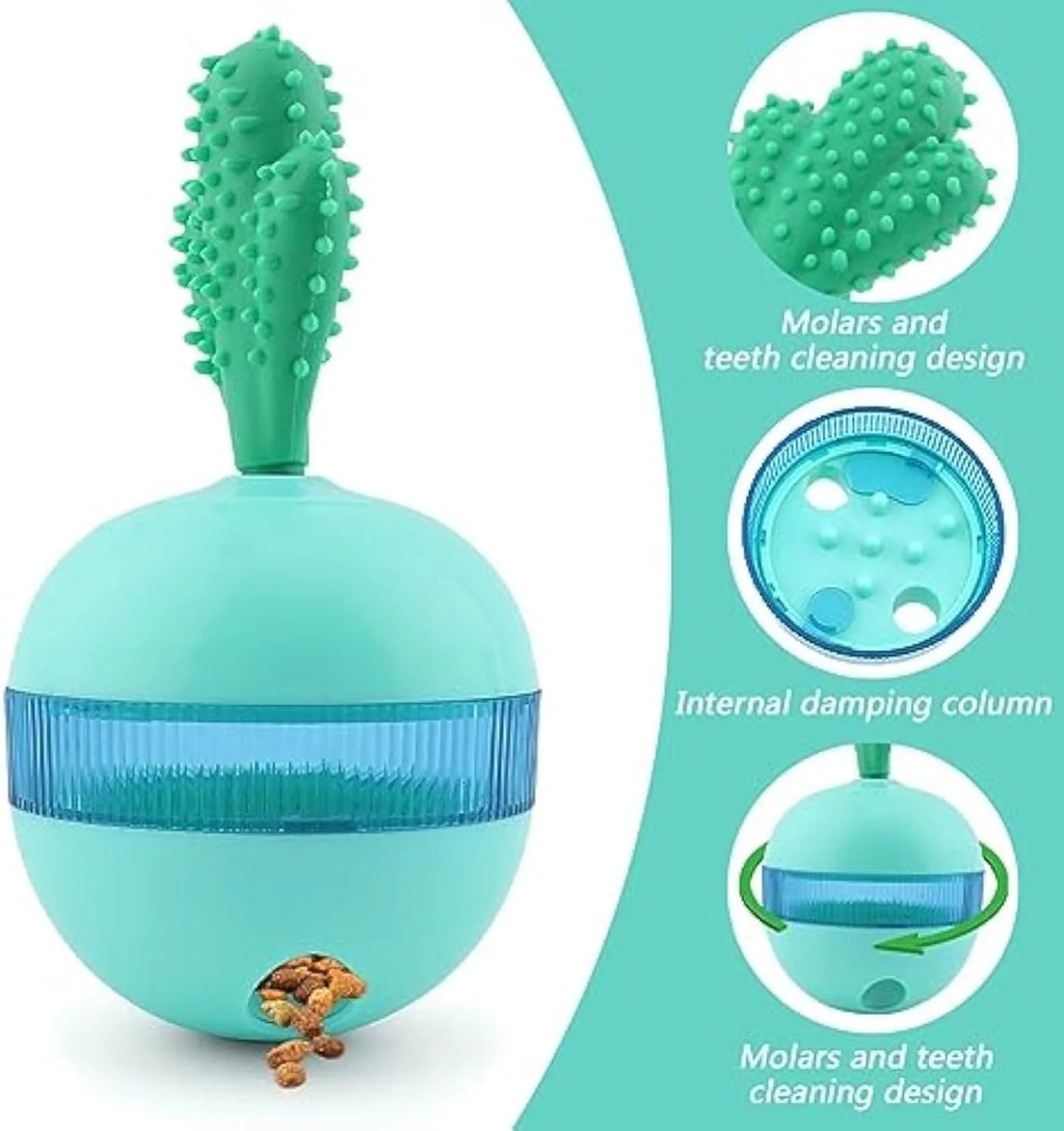 Blue durable rubber interactive dog toy ball with treat dispenser holes for medium large dogs.