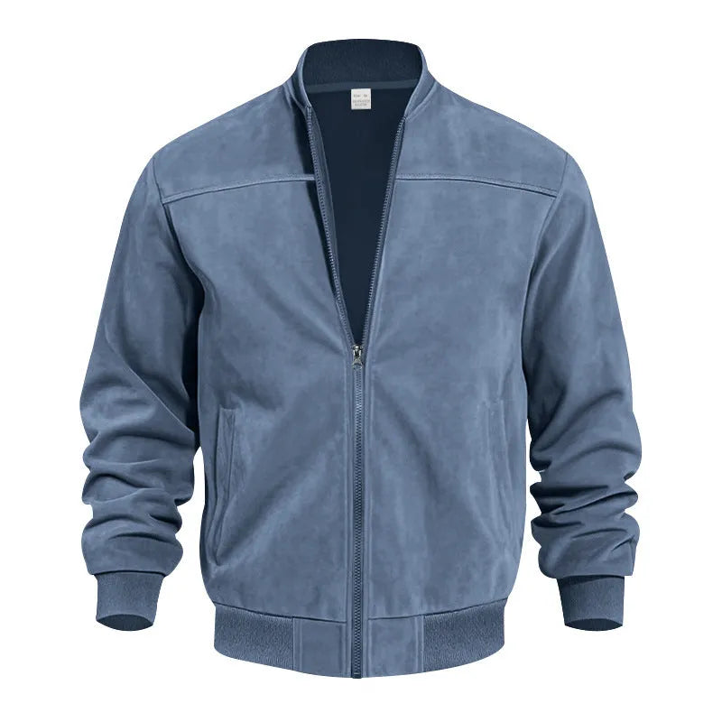 Men's plus-size suede-effect zip jacket in army green on a hanger.