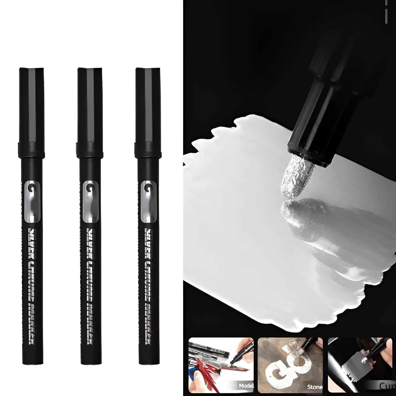 Waterproof mirror marker pen with plastic cap, shown with 1mm and 2mm tip size options.