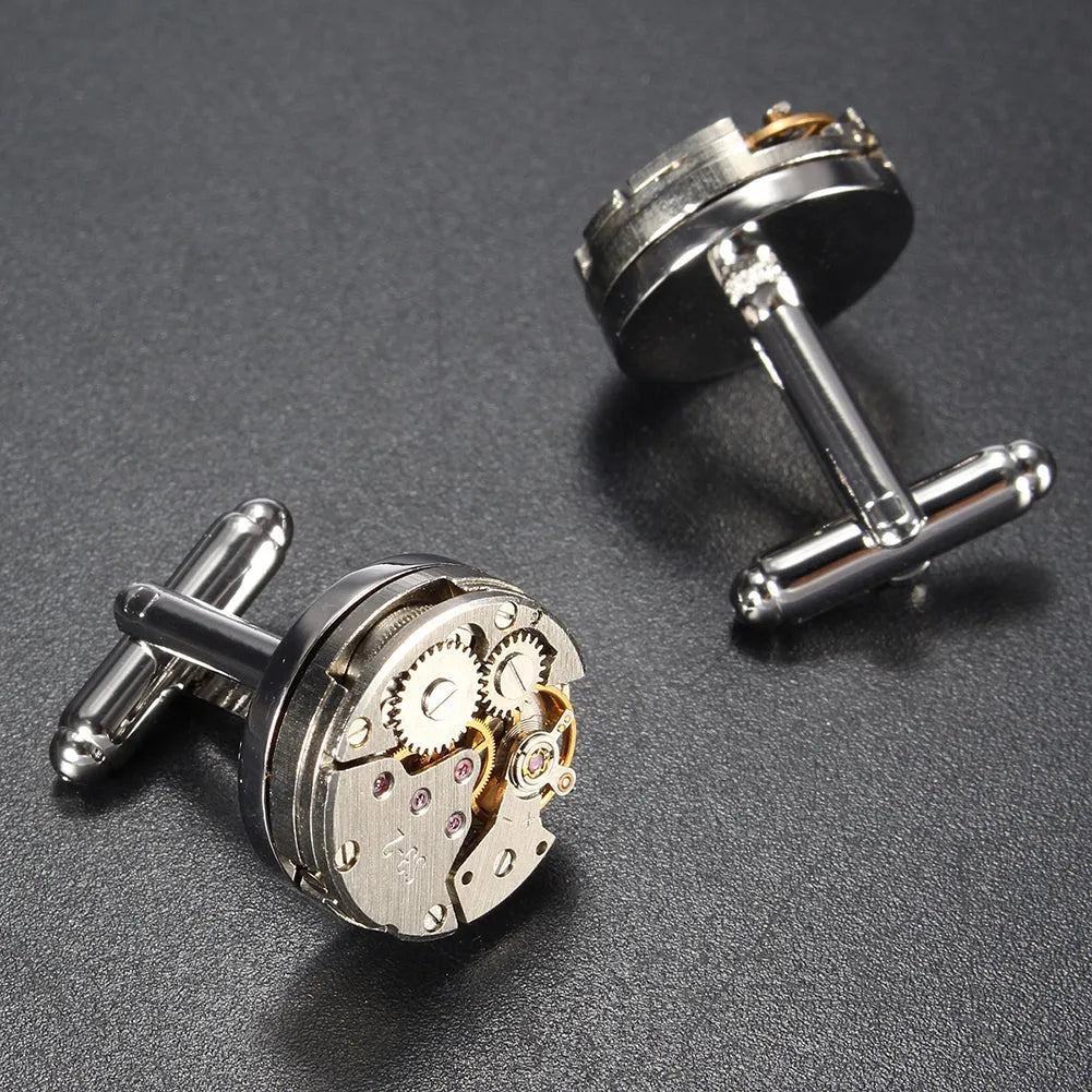 Men's silver mechanical cufflinks with copper case and stainless steel movement, geometric design, on shirt
