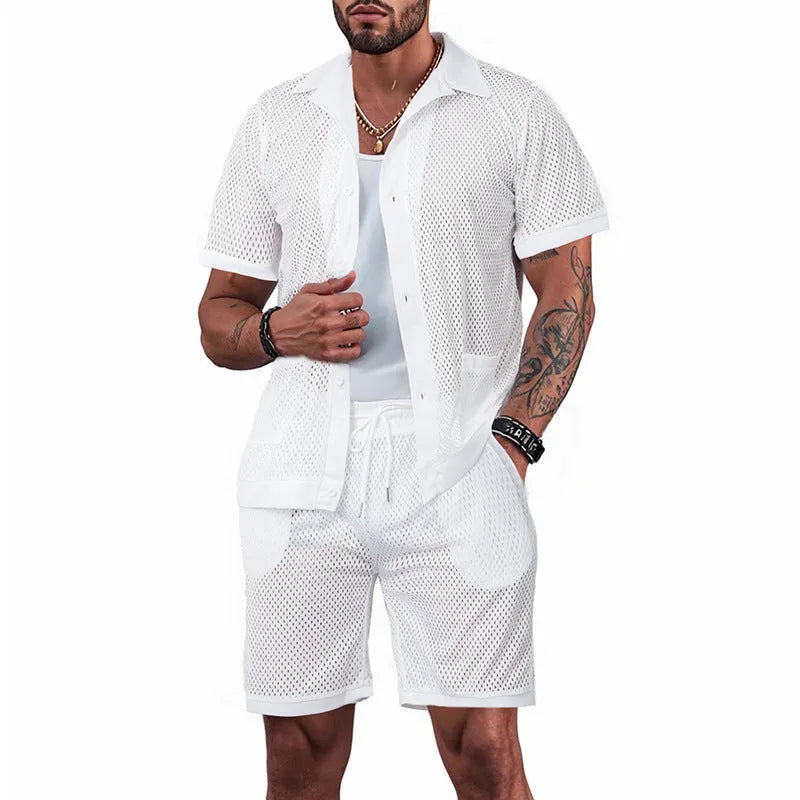 Beach Hawaii short sleeve dress and matching shorts set in light grey, laid flat.