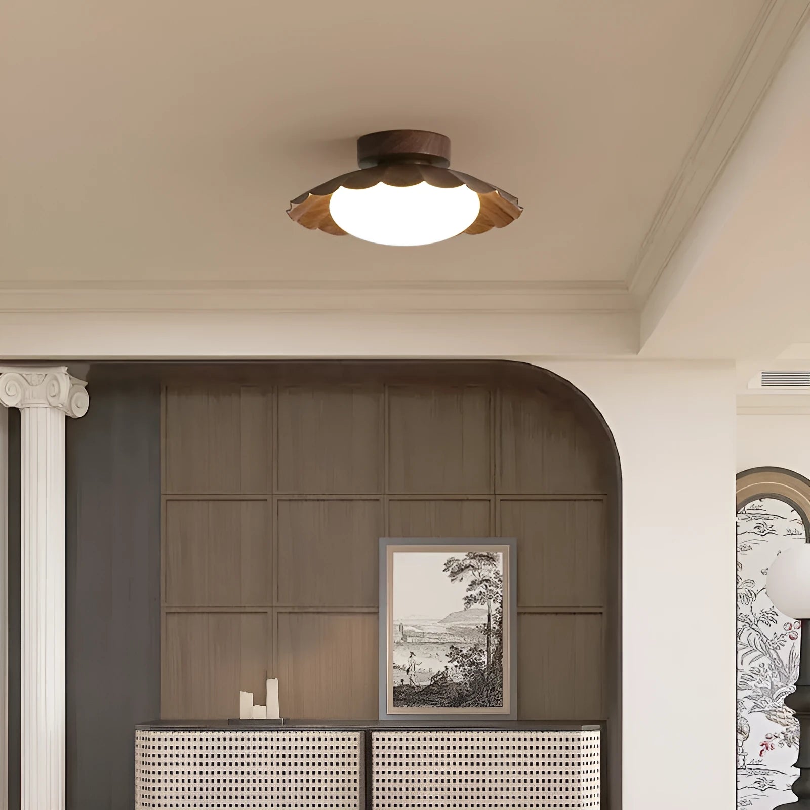 Mid-ancient silent balcony LED ceiling light round 25 beige three colours with iron body and acrylic shade