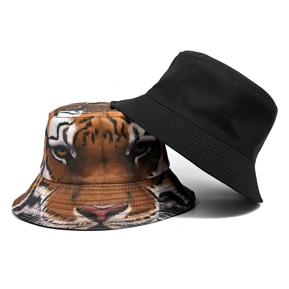 Tiger pattern bucket hat with dome crown in khaki animal print on polyester fabric