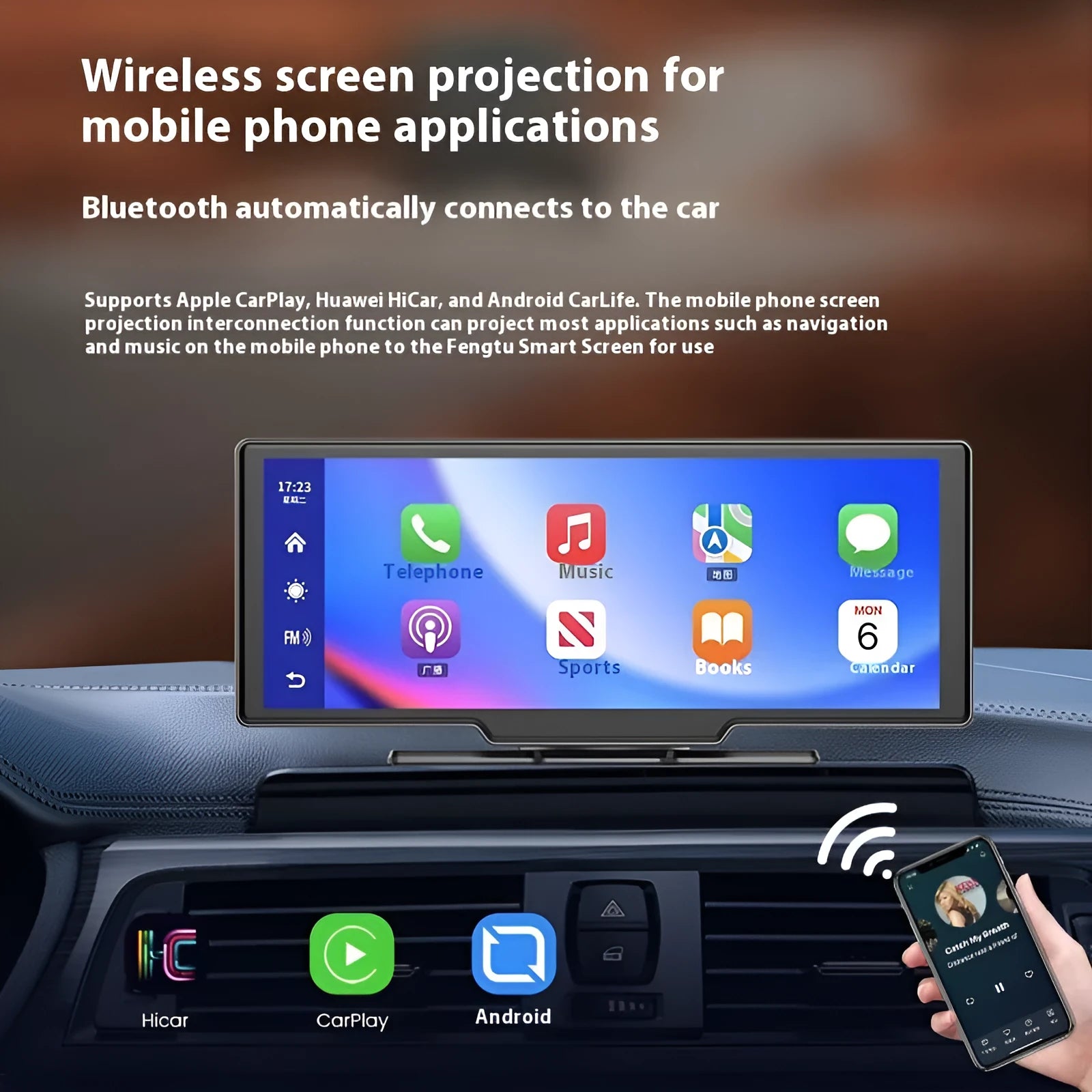 10-inch black car touchscreen head unit with Apple CarPlay interface displayed, mounted on a car dashboard.
