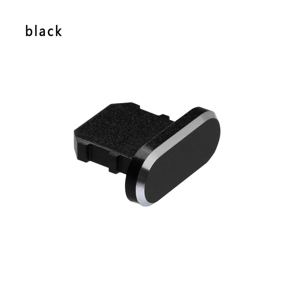 Aluminium alloy iPhone charging port dust plug in multiple colours including gold, silver, blue, red, grey, black, and rose gold.