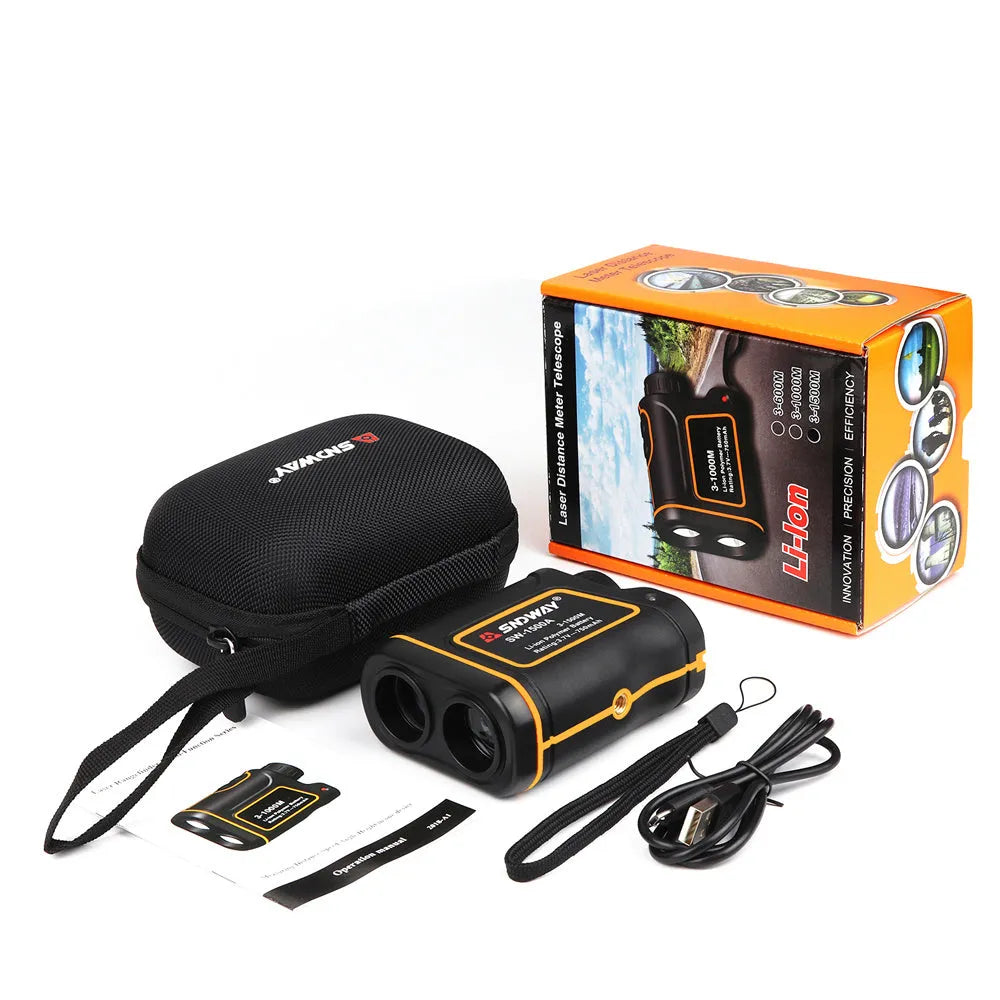 Black handheld golf laser rangefinder unit showing compact size and display.
