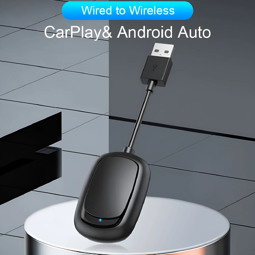 Wireless CarPlay and Android Auto USB adapter box for cars with ABS plastic casing.