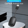 Wireless CarPlay and Android Auto USB adapter box for cars with ABS plastic casing.