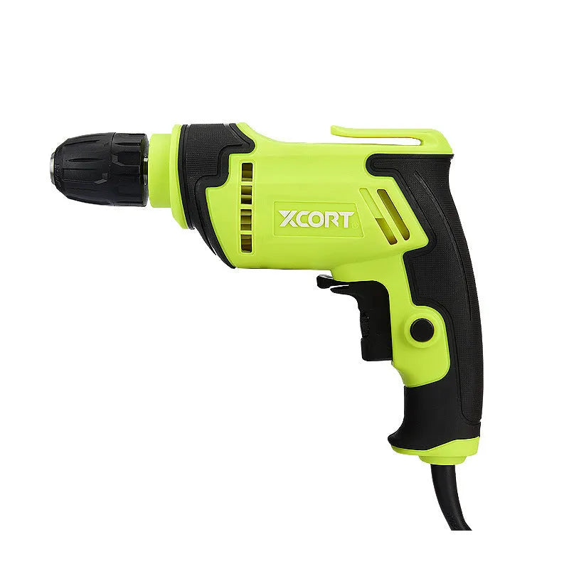 High-power pistol-grip electric drill with a 10mm chuck on a workbench.