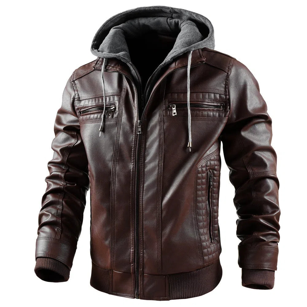 Men's black PU leather hooded jacket with zipper pockets, normal length 50cm, front view