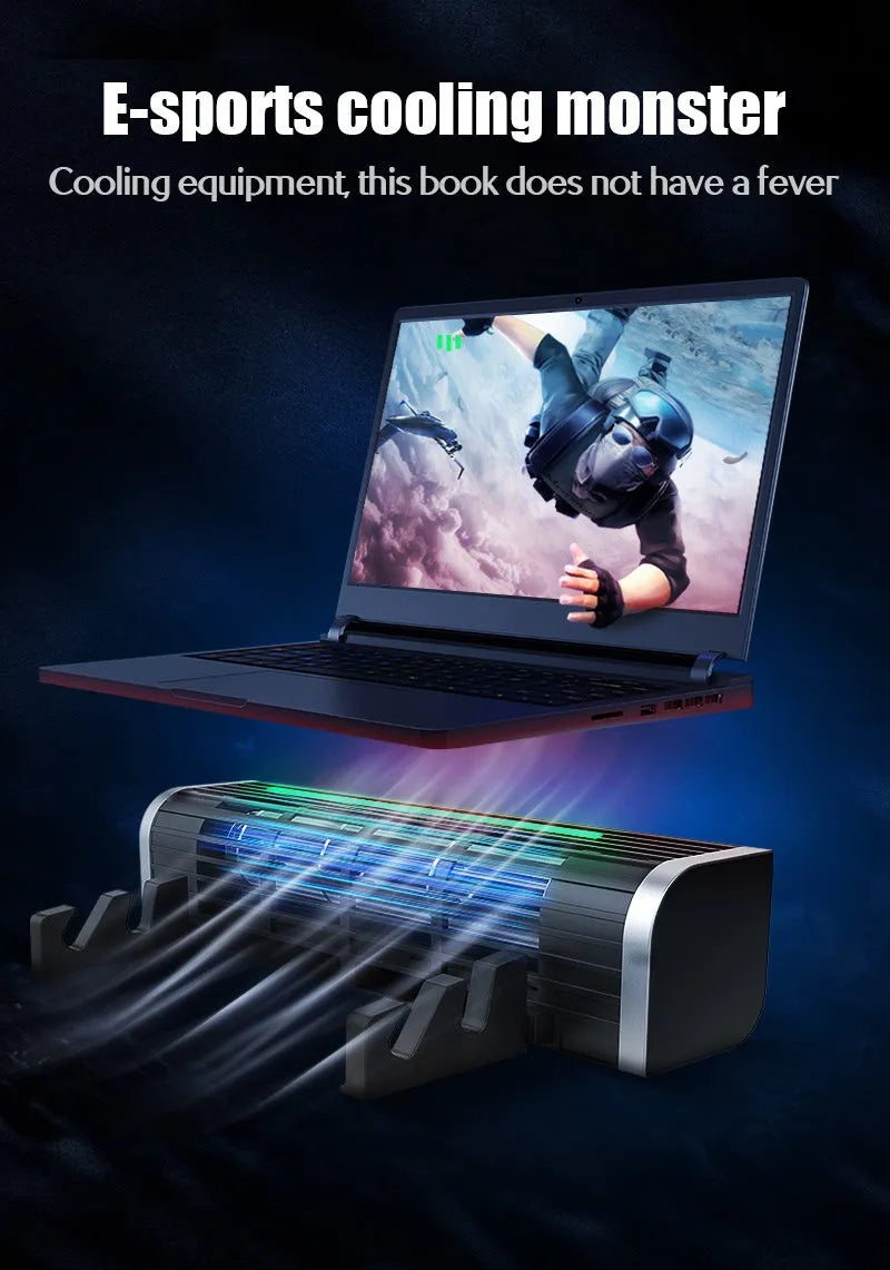 Black notebook cooling pad with large fan grille and USB cable, shown under a laptop.