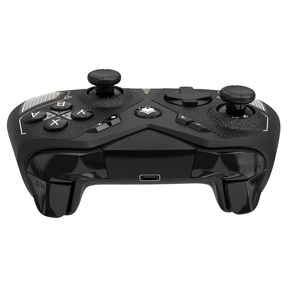 Black wireless game controller with leather-texture grips on ABS plastic shell, showing type-C port.