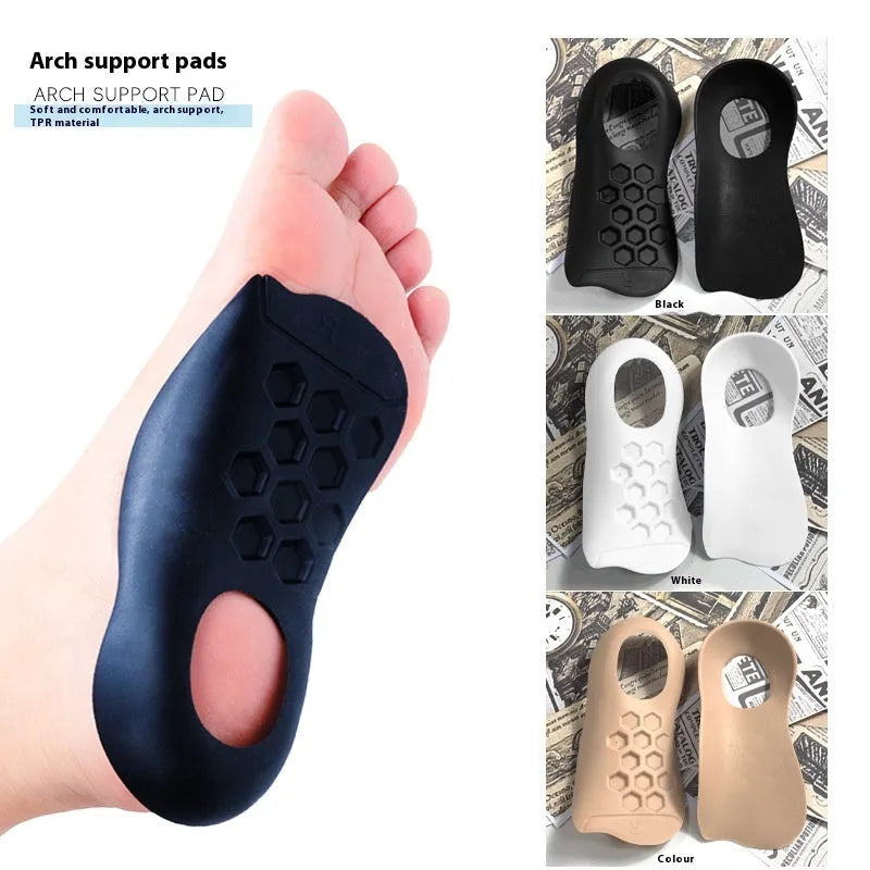 Pair of varus correction arch support insoles in TPR material on a white background.