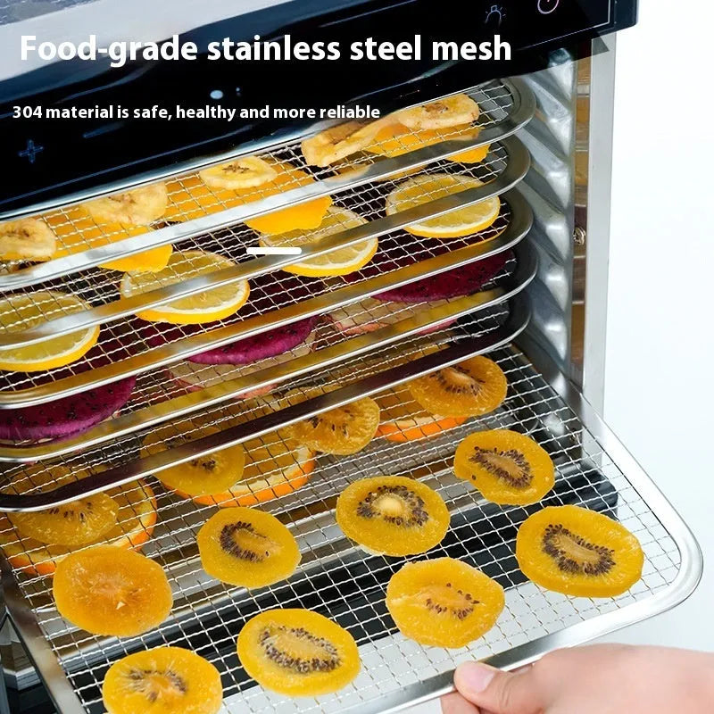 Stainless steel food dehydrator with multiple trays and an LED control panel.