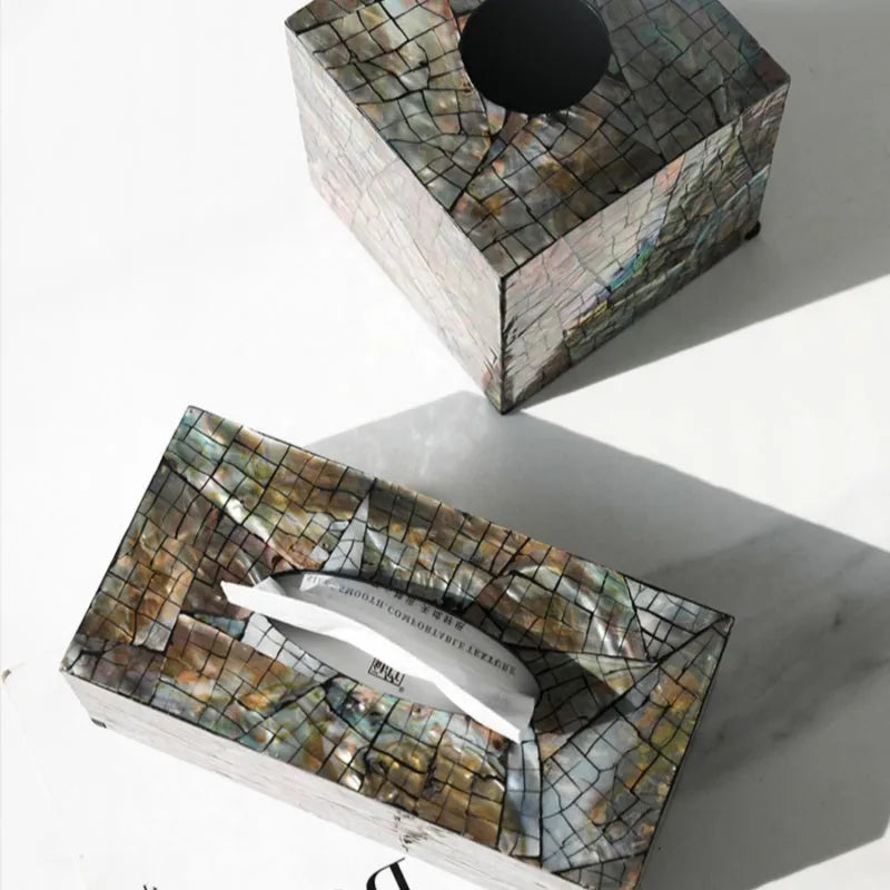 Black natural shell decorative storage box with removable tray for tissue box organisation.
