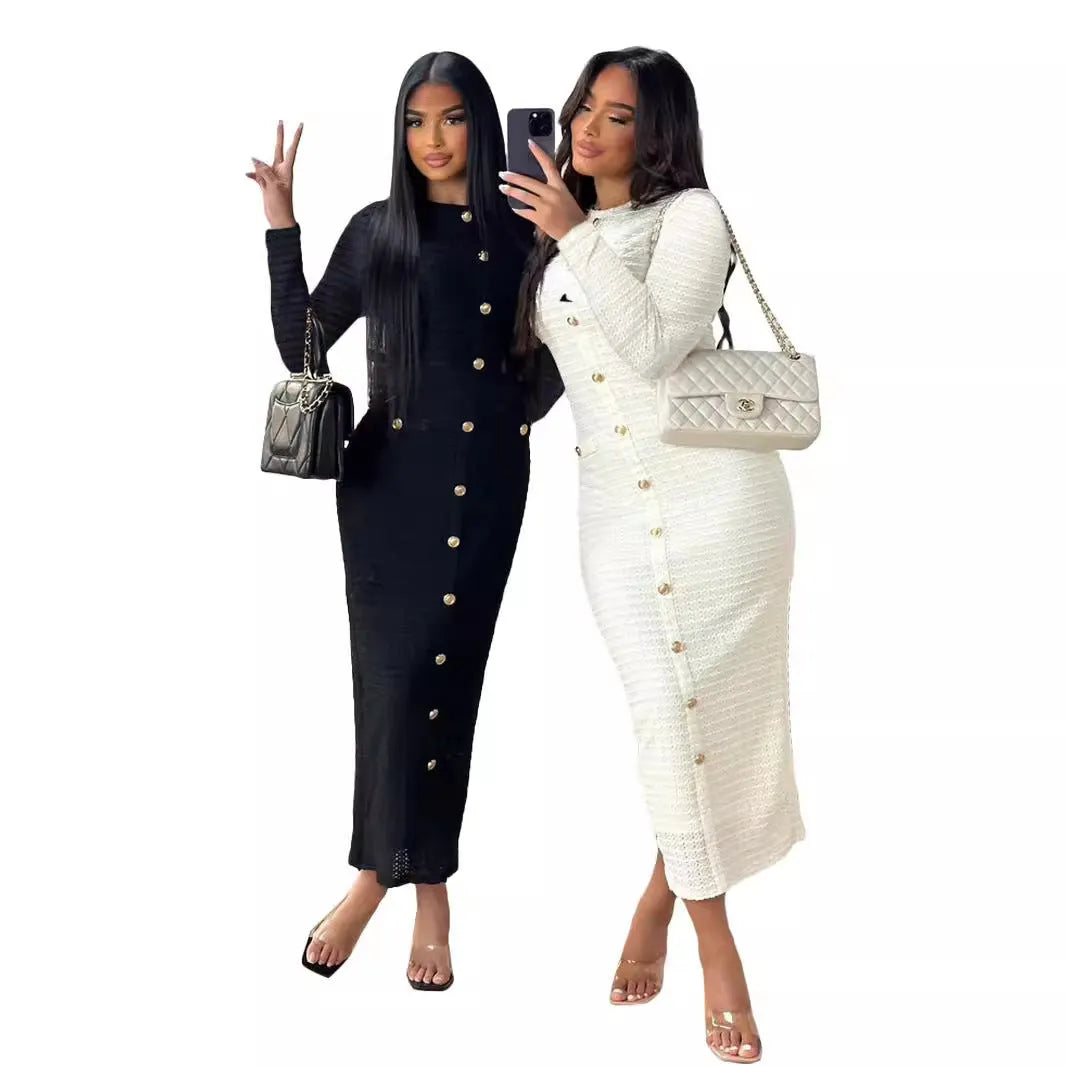 French retro slim fit long-sleeved knitted dress with button detail, shown in black and white colour options.