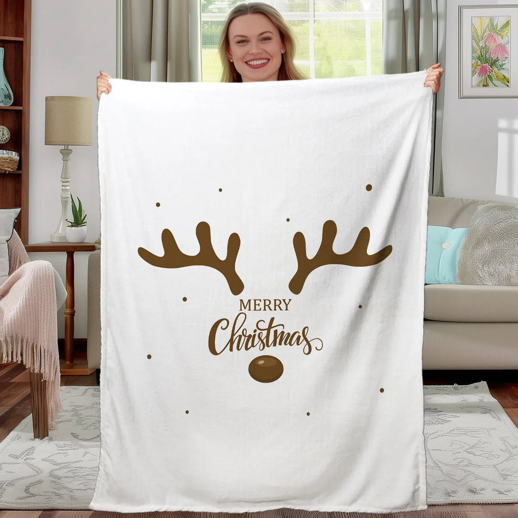 White deer antler pattern Christmas flannel velvet throw blanket with hemmed edges, available in three sizes
