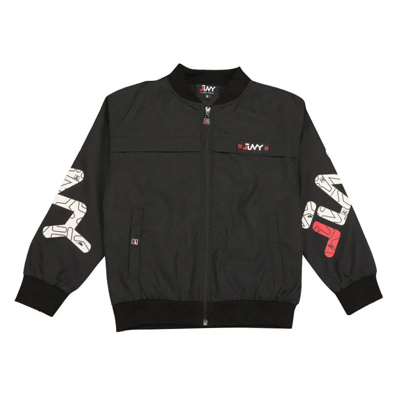 JLNY children's sports jacket in Black with standing collar and letter design on a white background