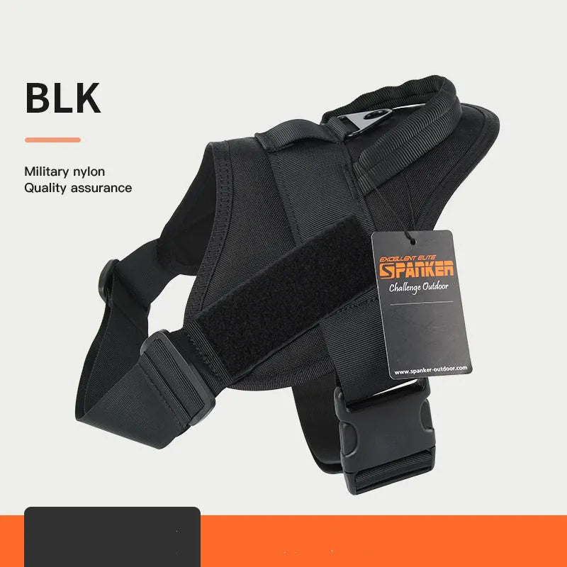 Adjustable dog harness in black made from 1050D nylon with UTX buckle, side view on floor