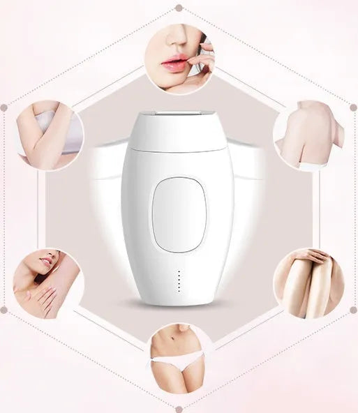 Black laser hair removal device with UK plug and control buttons, suitable for home use on face and body