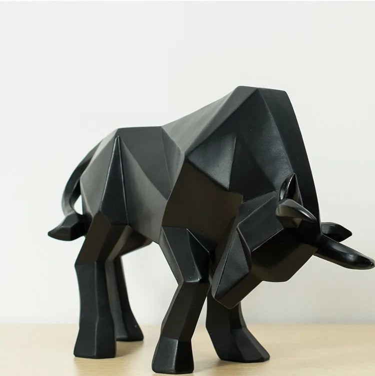 Black geometric resin bull sculpture, abstract bison statue about 35cm long for office or home decor