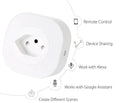 White smart socket plug with Wi-Fi logo, showing EU-style pins and compact 70mm square design.