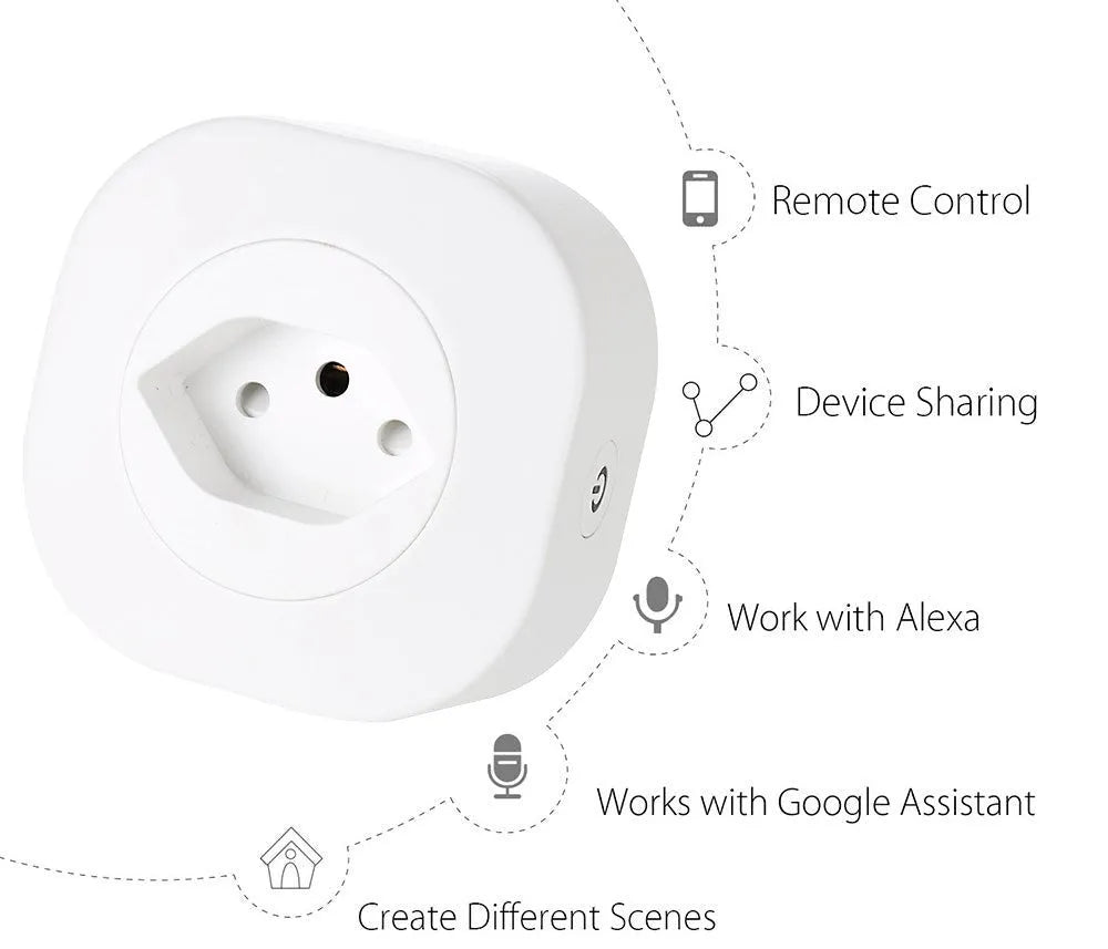 White smart socket plug with Wi-Fi logo, showing EU-style pins and compact 70mm square design.