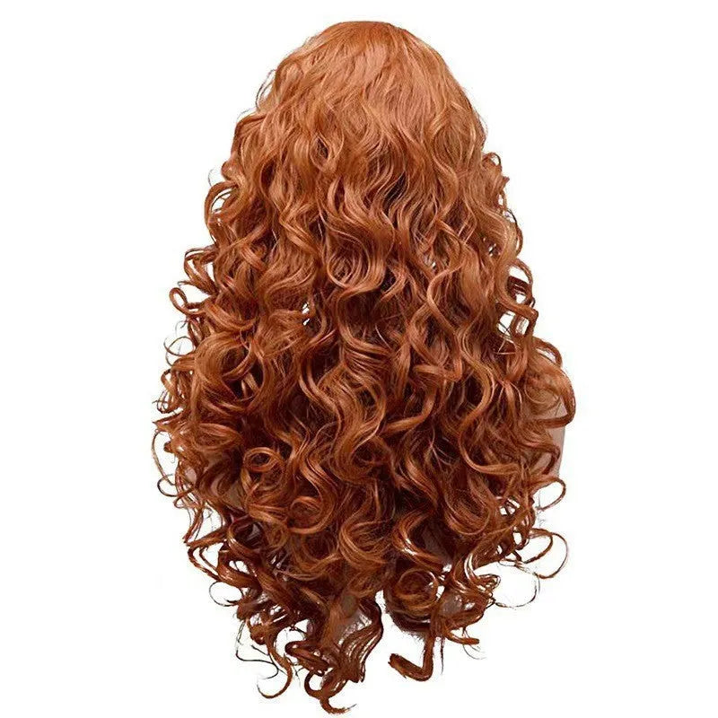 Brown long wavy curly synthetic wig with shoulder-length style for Halloween cosplay