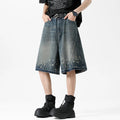 Men's retro blue denim shorts with ripped splash ink design, straight cut fifth-length
