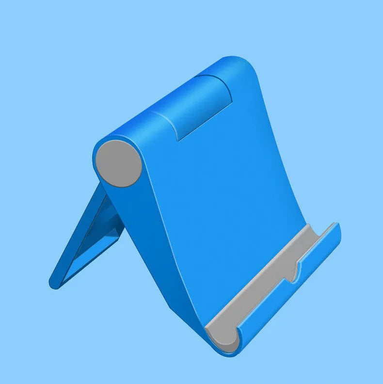 Black PE folding phone and tablet stand with soft rubber backing, shown at an adjustable angle.