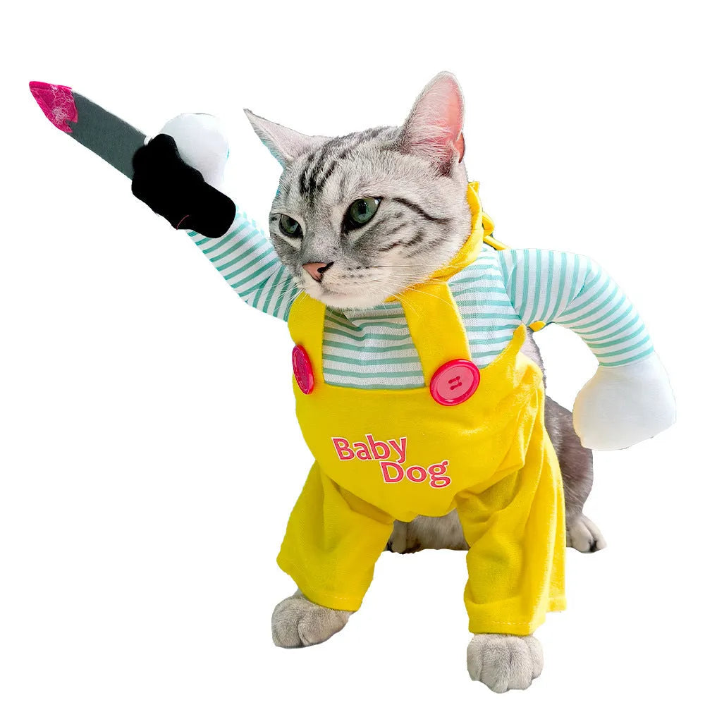 Yellow sword design cat costume in polyester, shown in S, M, L, and XL sizes.