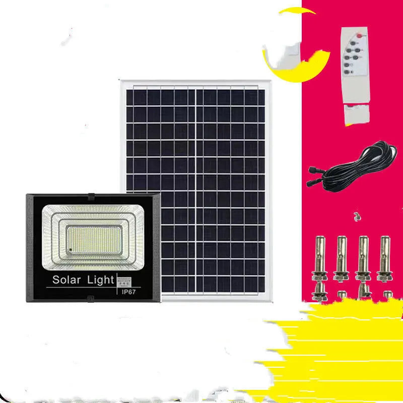 Black Cornucopia solar-powered LED flood light with remote control, mounted on an outdoor wall.
