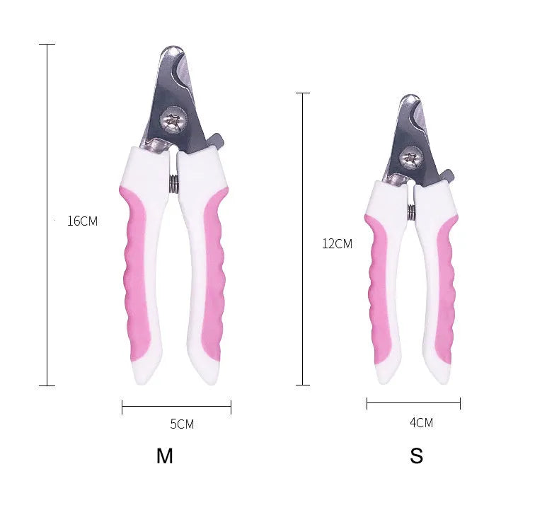 Pet nail clippers with stainless steel sharp blades for dogs cats and rabbits half-moon design one-step cut transparent baffle free nail file L M S in Blue Pink