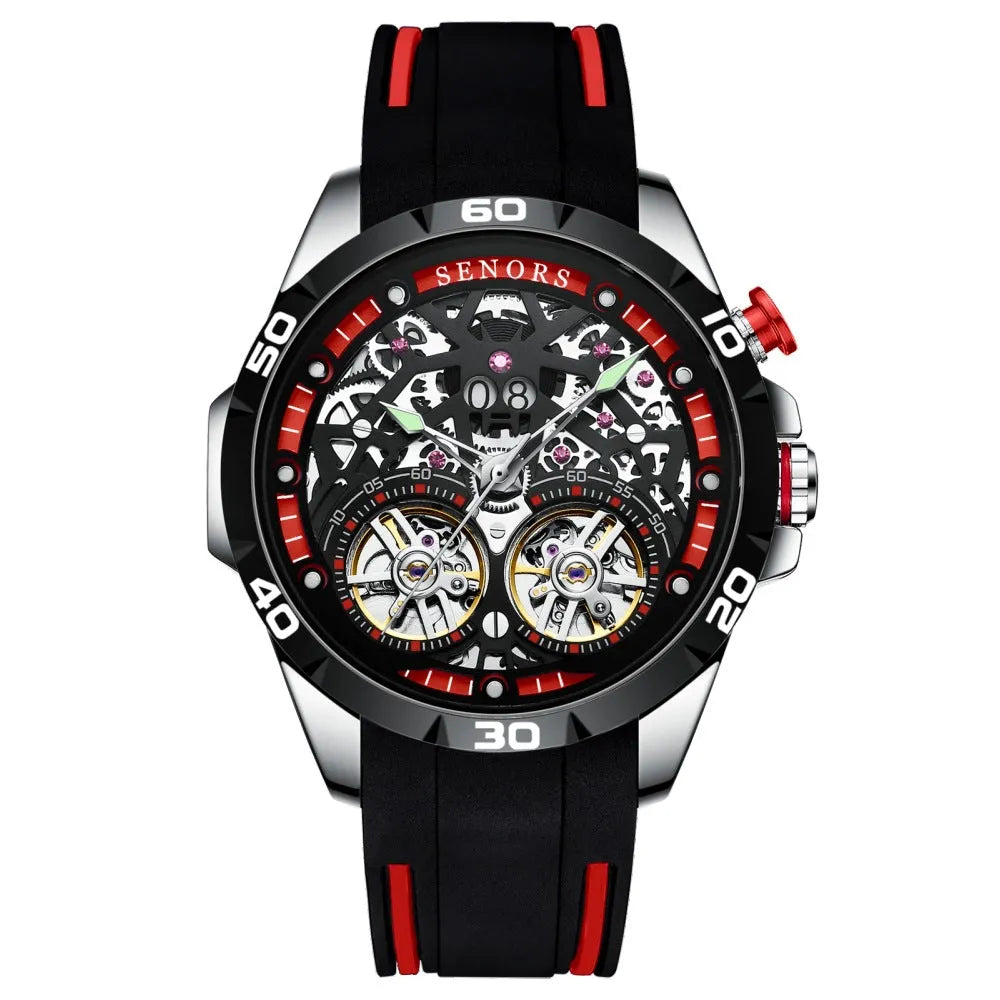 Men's automatic mechanical watch with luminous hands and hollow dial design in blue colour