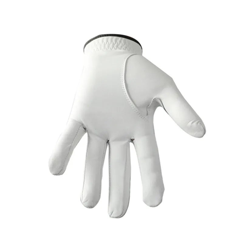White half sheepskin men's golf glove showing non-slip palm detail.
