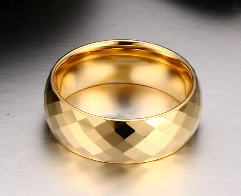 Men's tungsten steel ring in gold colour, available in sizes 7 to 13, shown on a neutral background