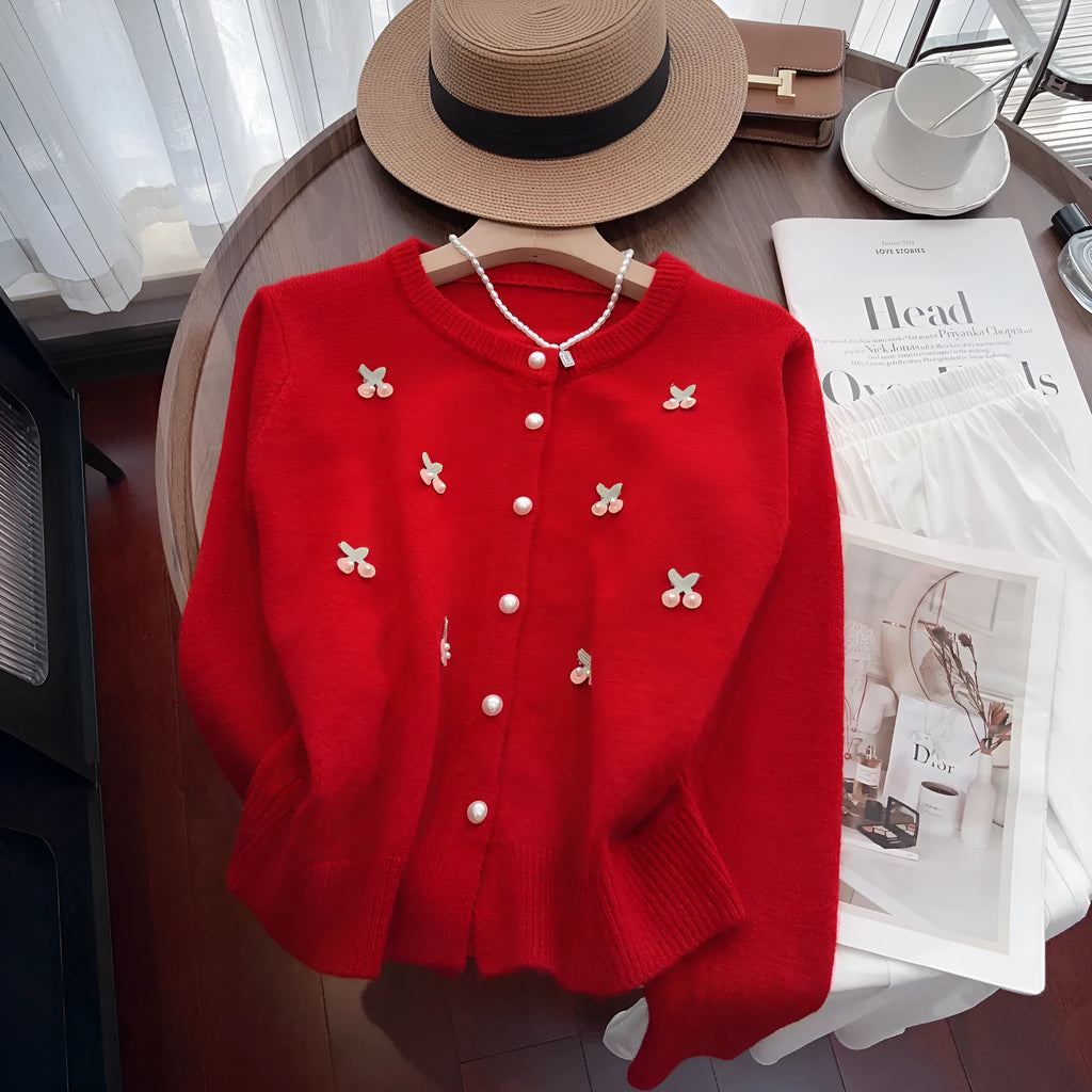 Cashmere blend slim fit cardigan coat with beaded details in blue, pink, red, or white.