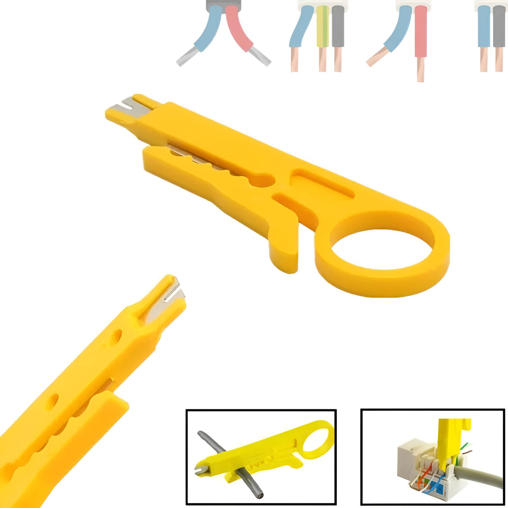 Yellow mini portable wire stripper tool for 0.6mm electrical and data cables.