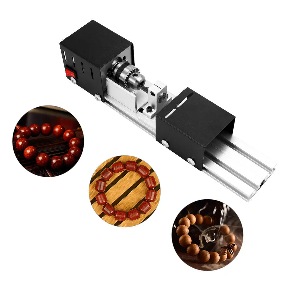 Mini manual woodworking lathe with silver metal finish and carving knives