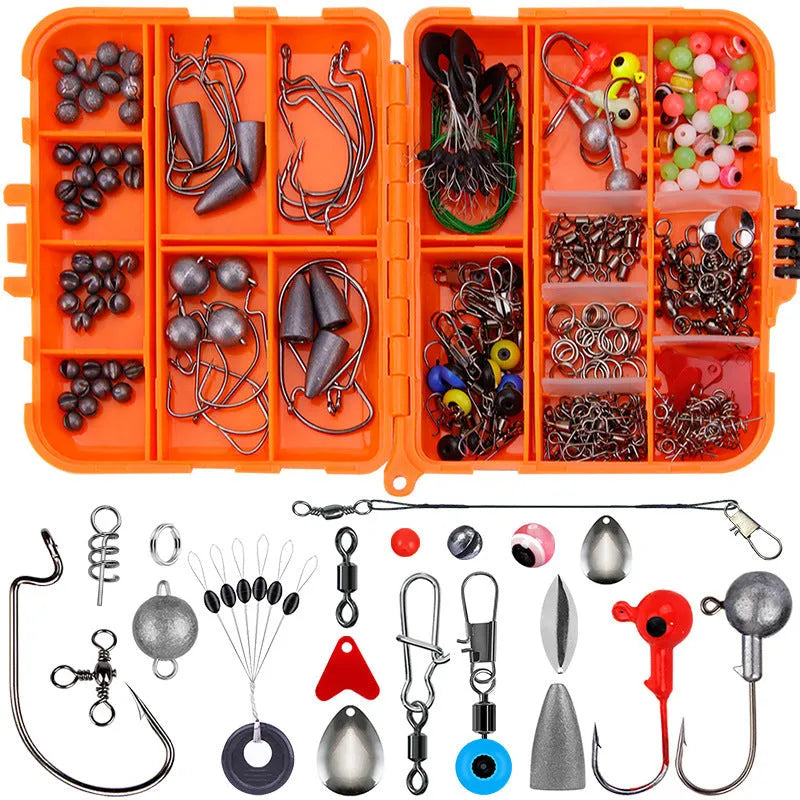 Weihe orange or black ABS plastic box open to show organised compartments filled with 257 fishing hooks and lure accessories.